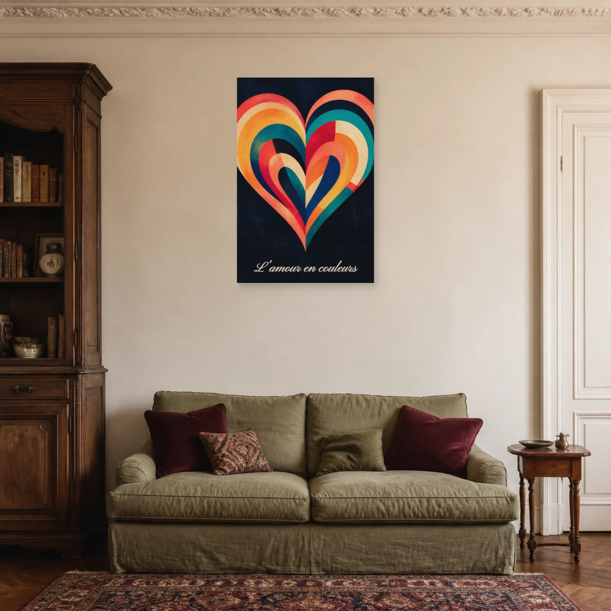 Affiche L’amour en couleurs - Cœur arc-en-ciel dans un salon - Art Virtuoso