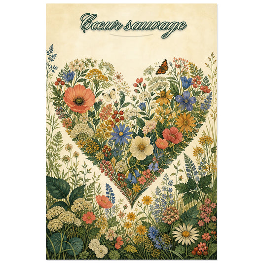 Affiche Cœur sauvage - Herbier romantique, herbier romantique détaillé peint à la gouache verticale, format 30 × 45 cm