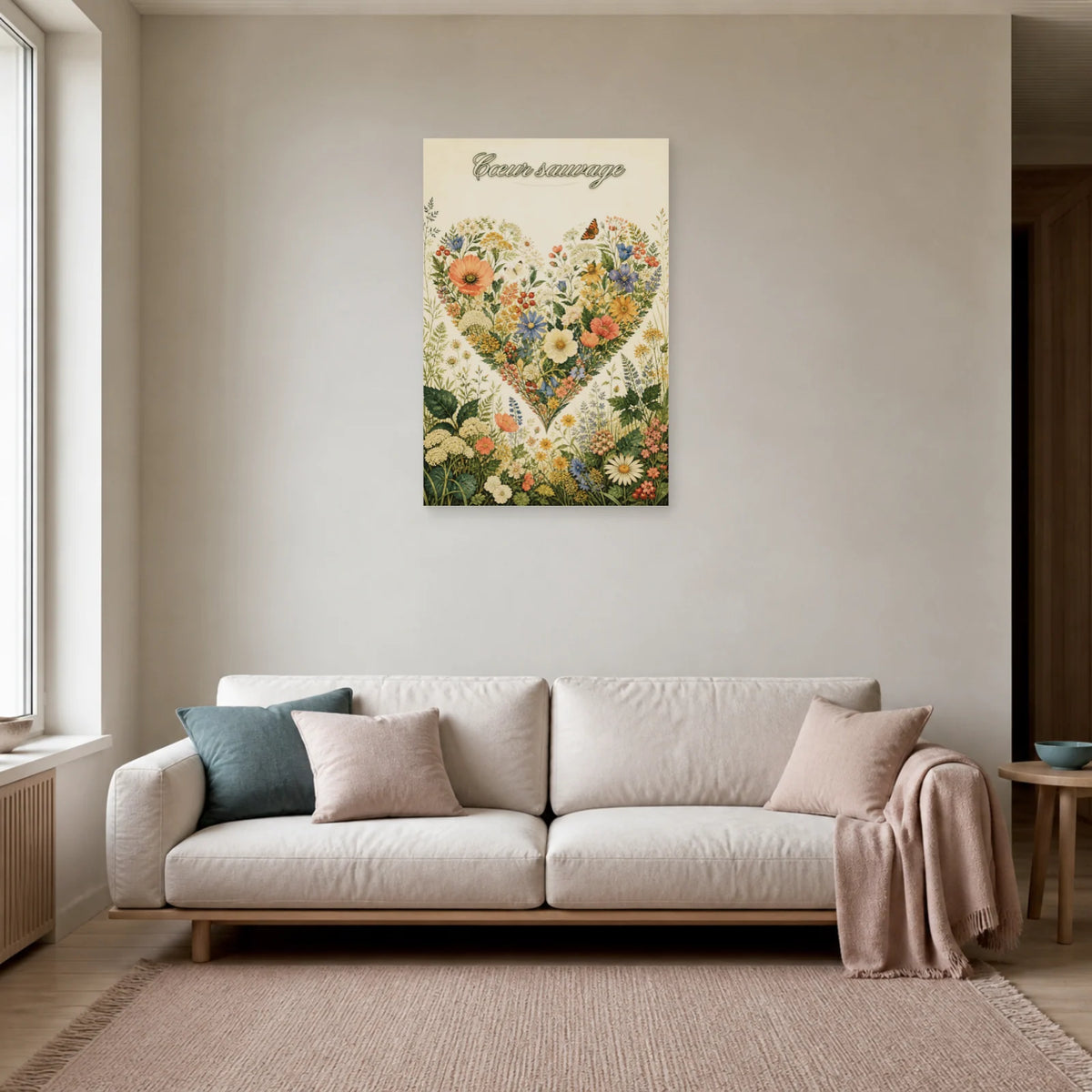 Affiche Cœur sauvage - Herbier romantique dans un salon - Art Virtuoso
