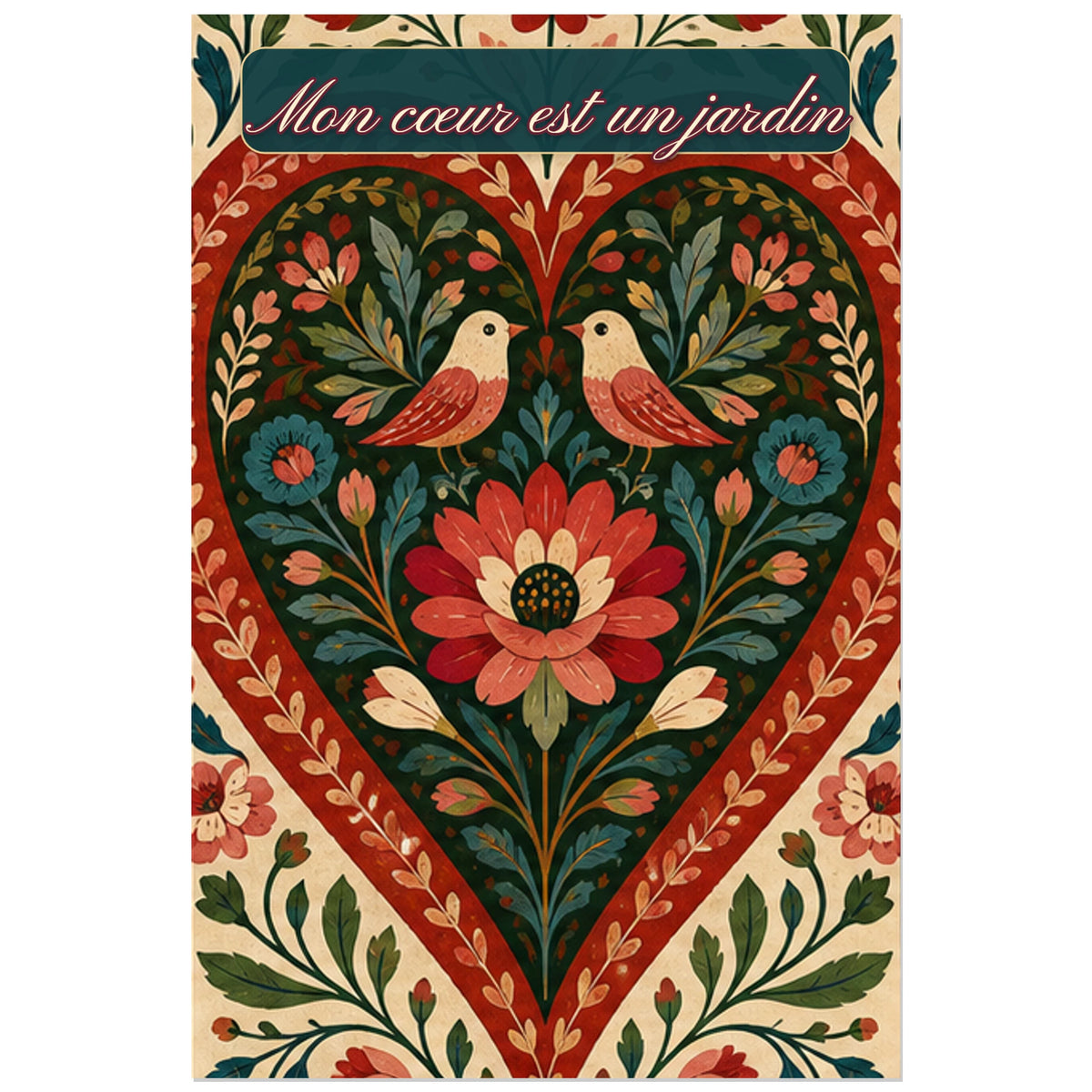 Affiche Mon cœur est un jardin - Cœur folk, art populaire floral symétrique inspiré des motifs traditionnels verticale, format 30 × 45 cm