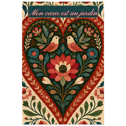 Affiche Mon cœur est un jardin - Cœur folk, art populaire floral symétrique inspiré des motifs traditionnels verticale, format 30 × 45 cm