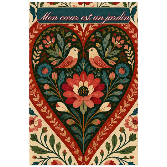 Affiche Mon cœur est un jardin - Cœur folk, art populaire floral symétrique inspiré des motifs traditionnels verticale, format 30 × 45 cm