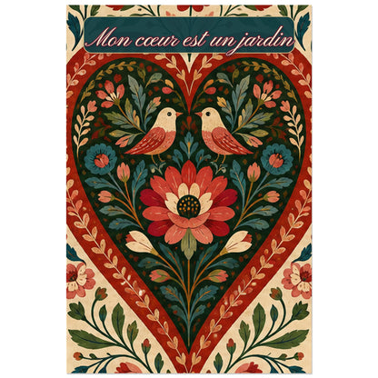 Affiche Mon cœur est un jardin - Cœur folk, art populaire floral symétrique inspiré des motifs traditionnels verticale, format 40 × 60 cm