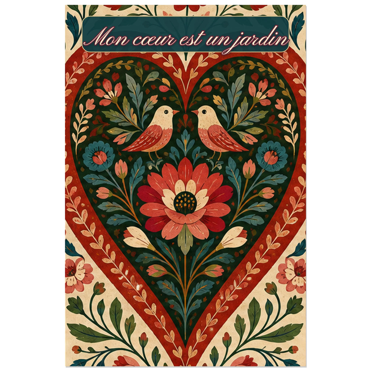Affiche Mon cœur est un jardin - Cœur folk, art populaire floral symétrique inspiré des motifs traditionnels verticale, format 60 × 90 cm