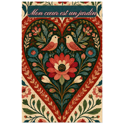 Affiche Mon cœur est un jardin - Cœur folk, art populaire floral symétrique inspiré des motifs traditionnels verticale, format 60 × 90 cm