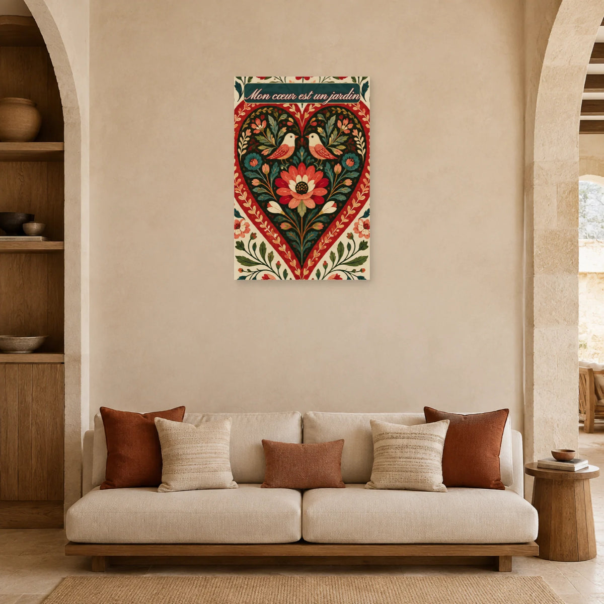 Affiche Mon cœur est un jardin - Cœur folk dans un salon - Art Virtuoso