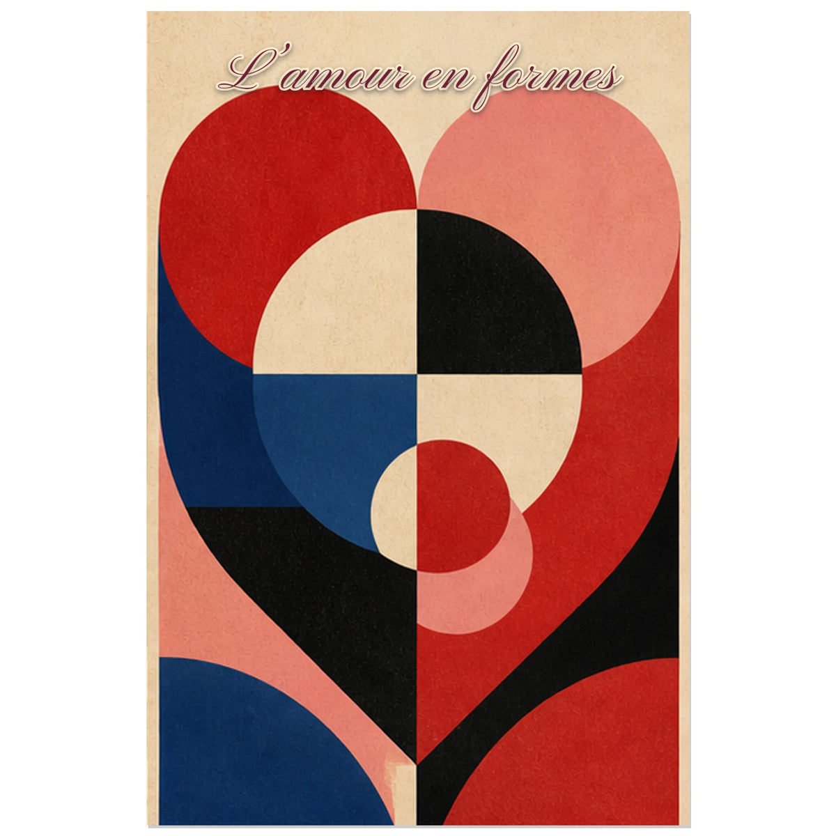 Affiche L’amour en formes - Cœur géométrique moderne, composition géométrique inspirée du bauhaus et du papier découpé verticale, format 40 × 60 cm