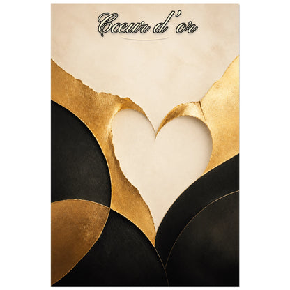 Affiche Cœur d’or - Abstraction moderne, abstraction minimaliste aux textures de feuille d’or et de papier verticale, format 30 × 45 cm