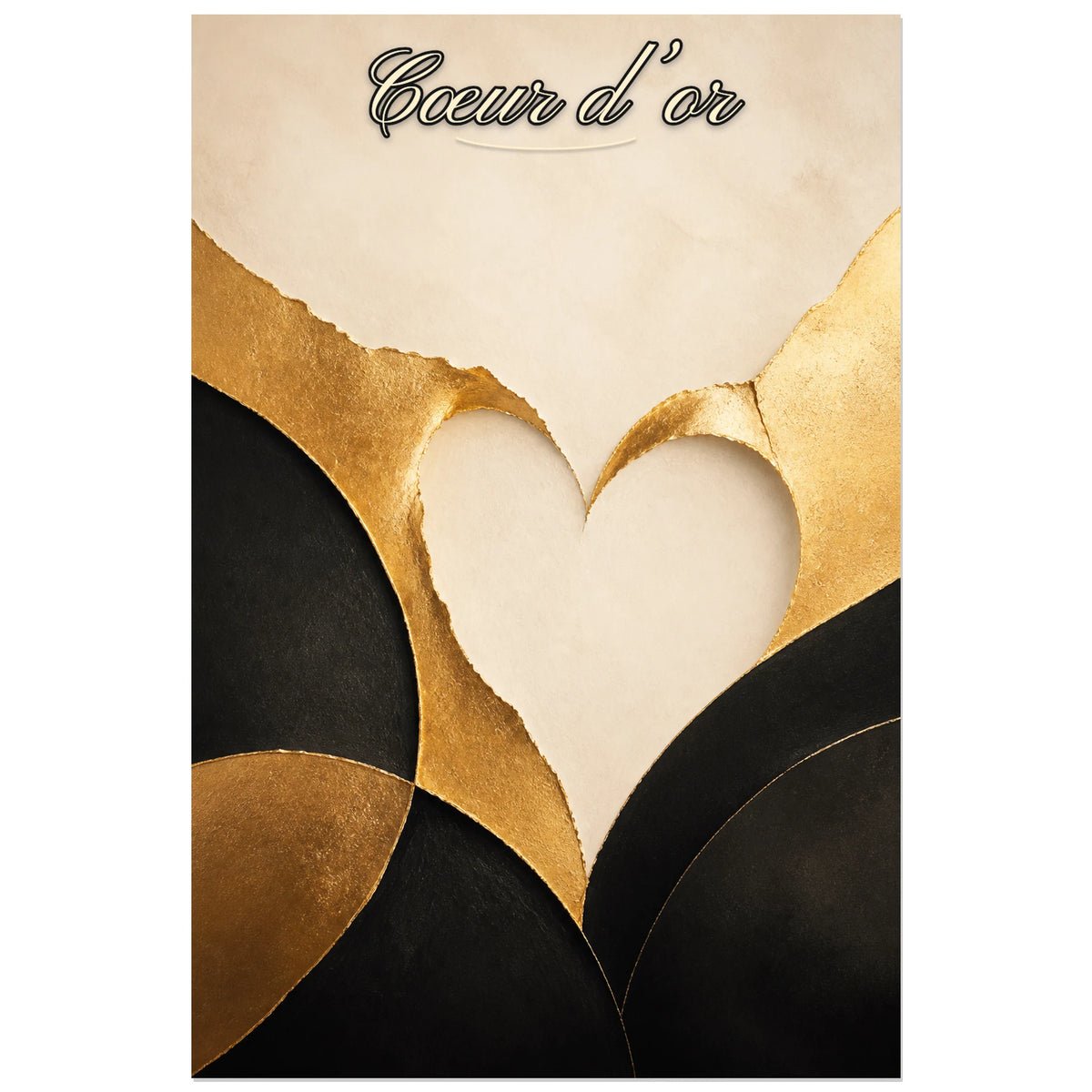Affiche Cœur d’or - Abstraction moderne, abstraction minimaliste aux textures de feuille d’or et de papier verticale, format 40 × 60 cm