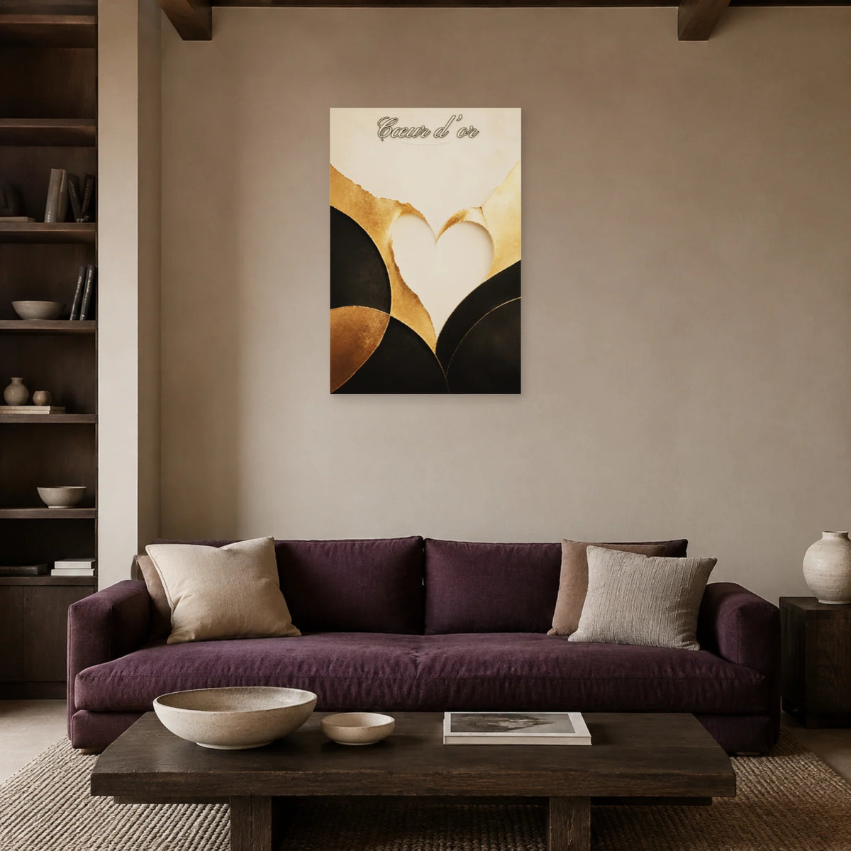 Affiche Cœur d’or - Abstraction moderne dans un salon - Art Virtuoso