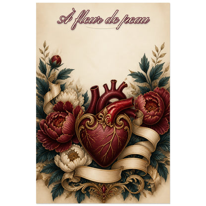 Affiche À fleur de peau - Cœur tatouage, illustration botanique inspirée des planches de tatouage traditionnel verticale, format 30 × 45 cm