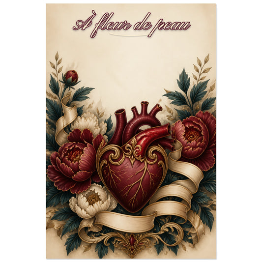 Affiche À fleur de peau - Cœur tatouage, illustration botanique inspirée des planches de tatouage traditionnel verticale, format 30 × 45 cm