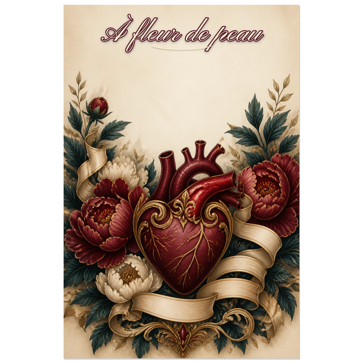 Affiche À fleur de peau - Cœur tatouage, illustration botanique inspirée des planches de tatouage traditionnel verticale, format 60 × 90 cm