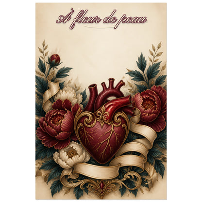 Affiche À fleur de peau - Cœur tatouage, illustration botanique inspirée des planches de tatouage traditionnel verticale, format 60 × 90 cm