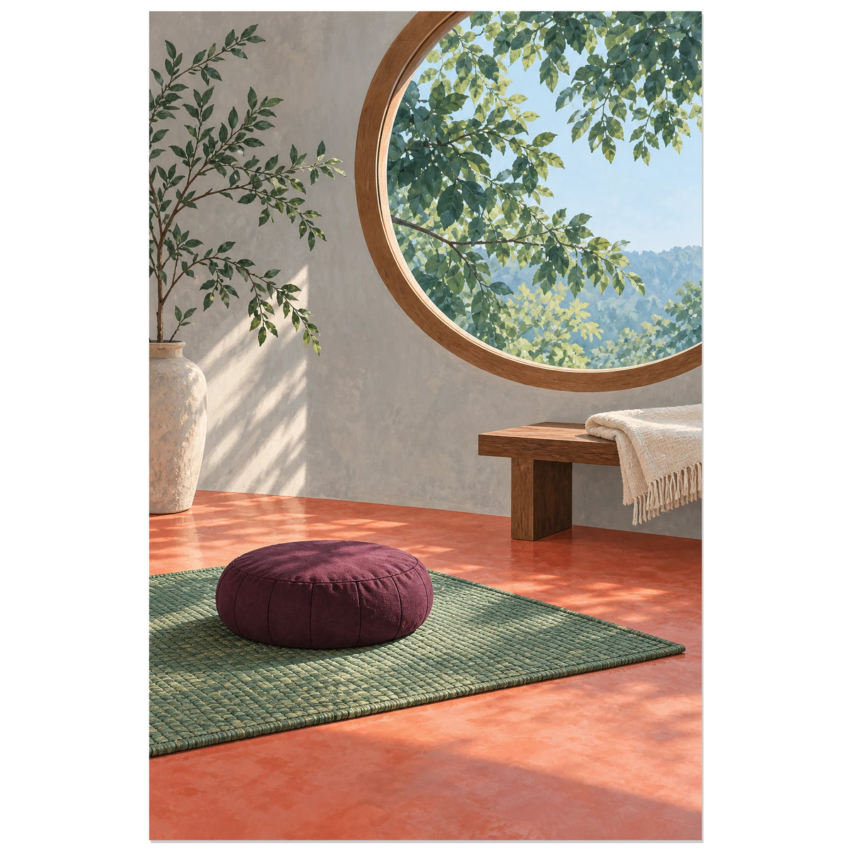 Coussin rond prune sur tapis vert sous une fenêtre circulaire, affiche 30 × 45 cm