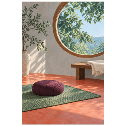 Coussin rond prune sur tapis vert sous une fenêtre circulaire, affiche 30 × 45 cm