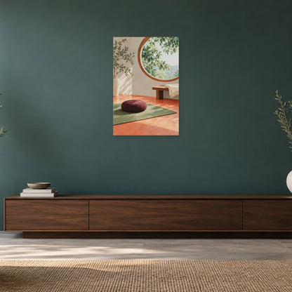 Affiche Coin méditation - Coussin prune dans un salon - Art Virtuoso