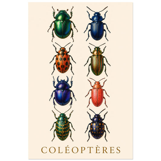 Affiche Coléoptères – Cabinet chromatique, planche naturaliste contemporaine / illustration chromatique verticale, format 30 × 45 cm
