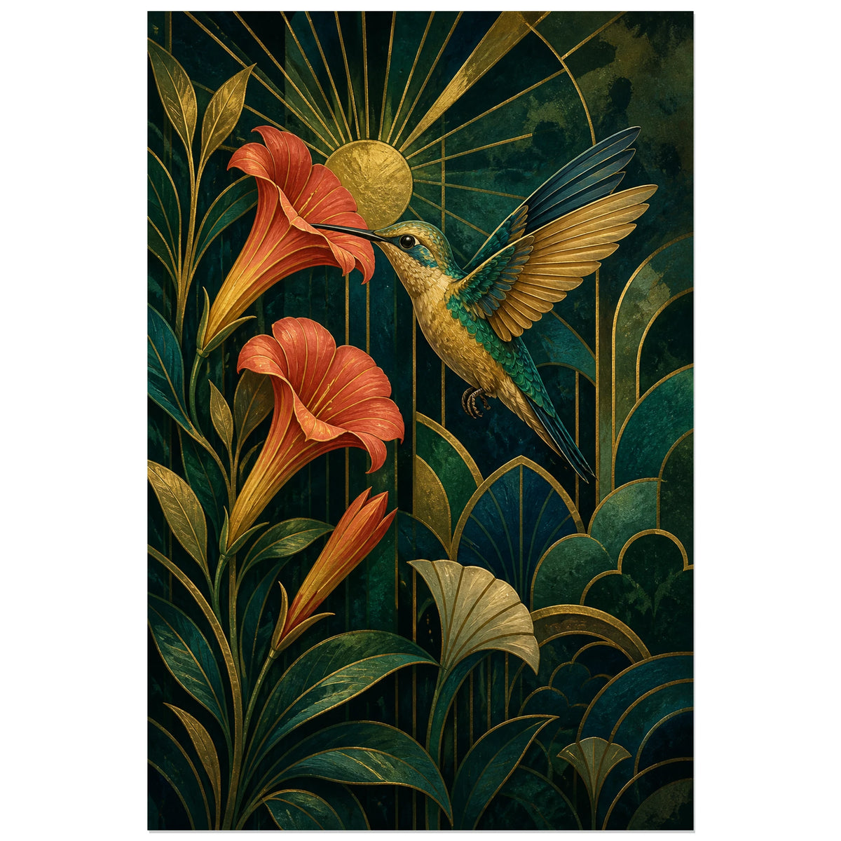 Affiche Colibri doré - Jardin Art déco, illustration art déco botanique aux finitions dorées verticale, format 30 × 45 cm