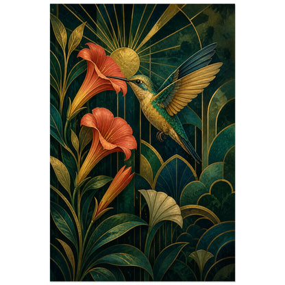 Affiche Colibri doré - Jardin Art déco, illustration art déco botanique aux finitions dorées verticale, format 30 × 45 cm