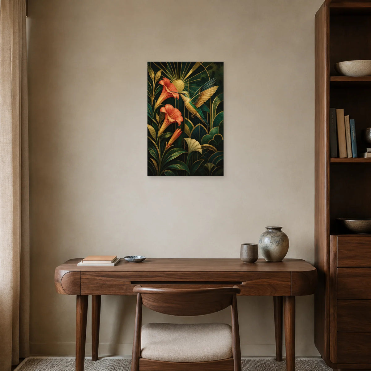 Affiche Colibri doré - Jardin Art déco dans un bureau - Art Virtuoso