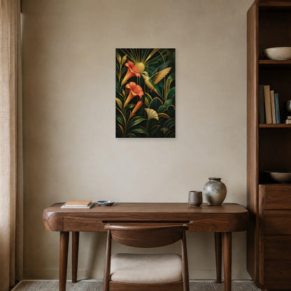 Affiche Colibri doré - Jardin Art déco dans un bureau - Art Virtuoso