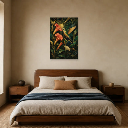 Affiche Colibri doré - Jardin Art déco dans une chambre - Art Virtuoso