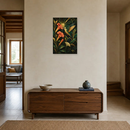 Affiche Colibri doré - Jardin Art déco dans une entrée ou un couloir - Art Virtuoso