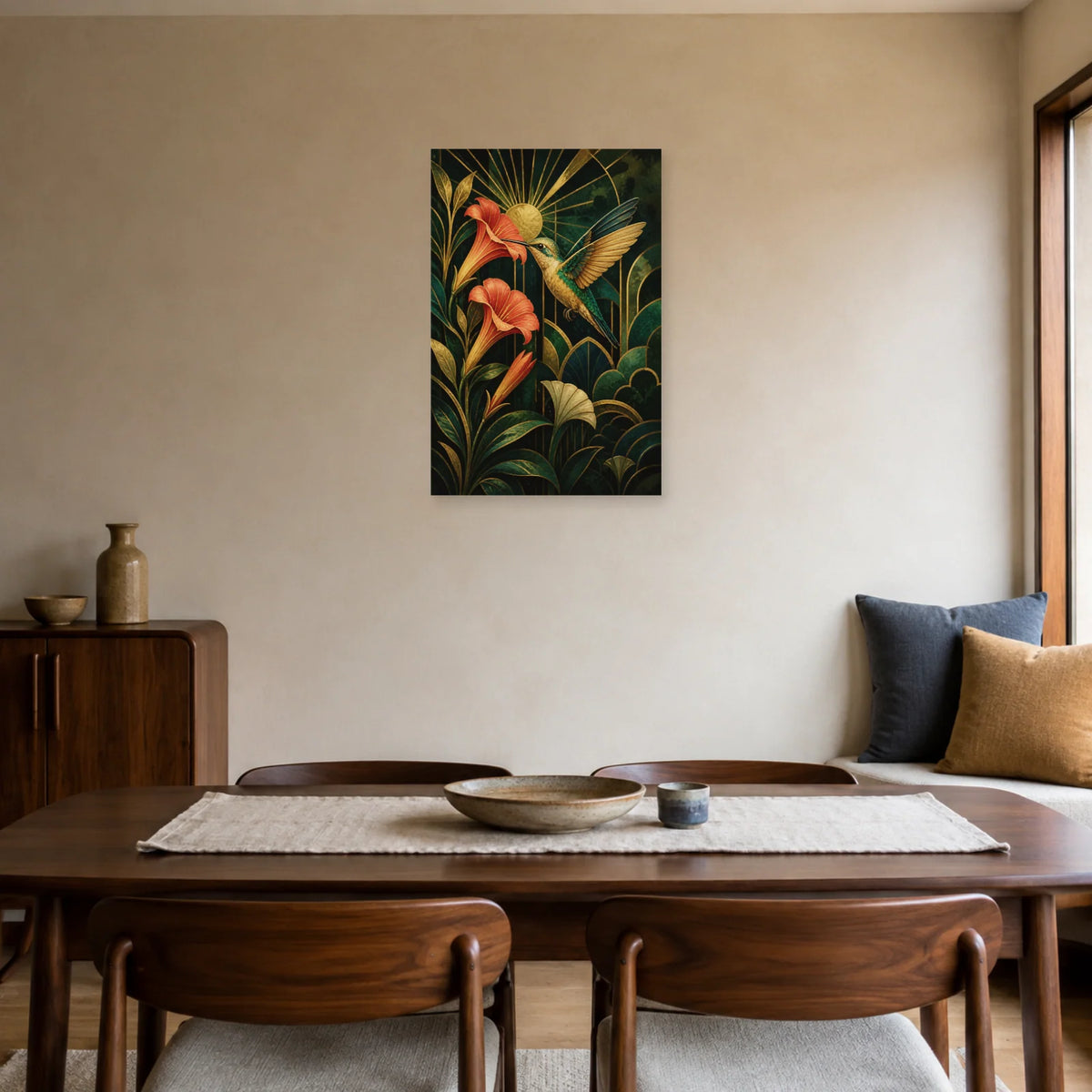 Affiche Colibri doré - Jardin Art déco dans une salle à manger - Art Virtuoso
