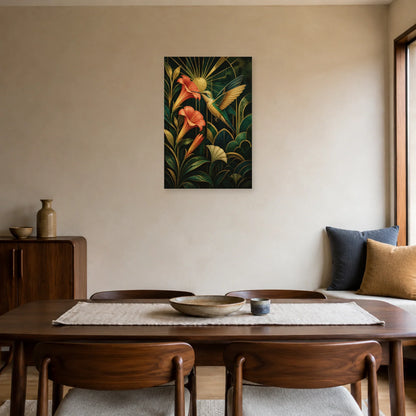 Affiche Colibri doré - Jardin Art déco dans une salle à manger - Art Virtuoso