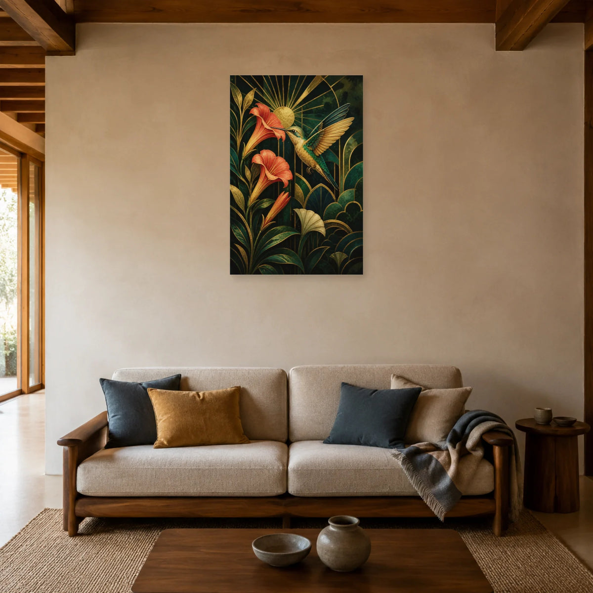 Affiche Colibri doré - Jardin Art déco dans un salon - Art Virtuoso