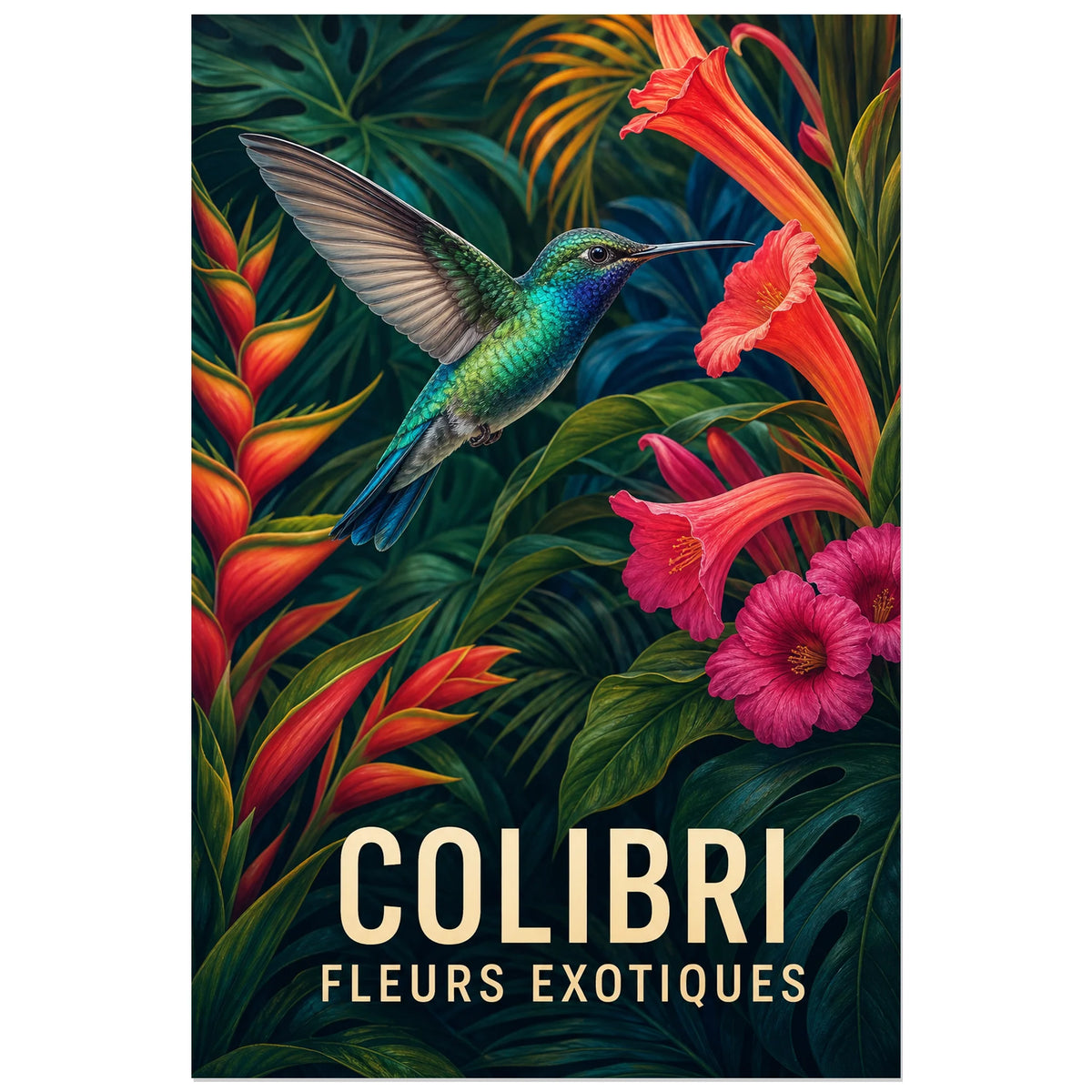 Affiche Colibri – Fleurs exotiques, illustration animalière tropicale en réalisme pictural coloré verticale, format 60 × 90 cm