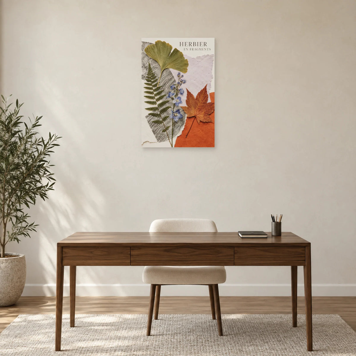 Affiche Collage botanique - Herbier en fragments dans un bureau - Art Virtuoso