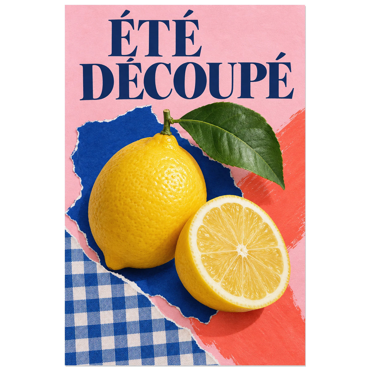 Affiche Collage citron - Été découpé, collage photographique / nature morte / inspiration éditoriale verticale, format 40 × 60 cm