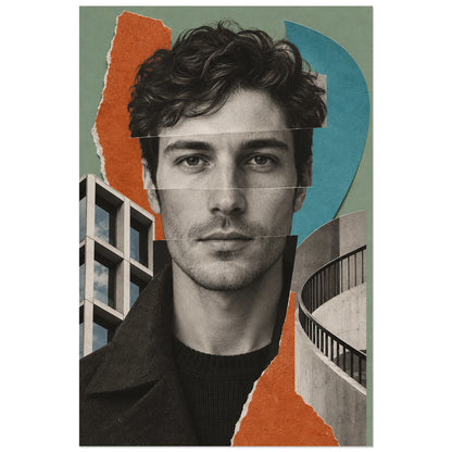 Affiche Collage homme - Facettes urbaines, collage photographique / portrait fragmenté / composition géométrique verticale, format 30 × 45 cm