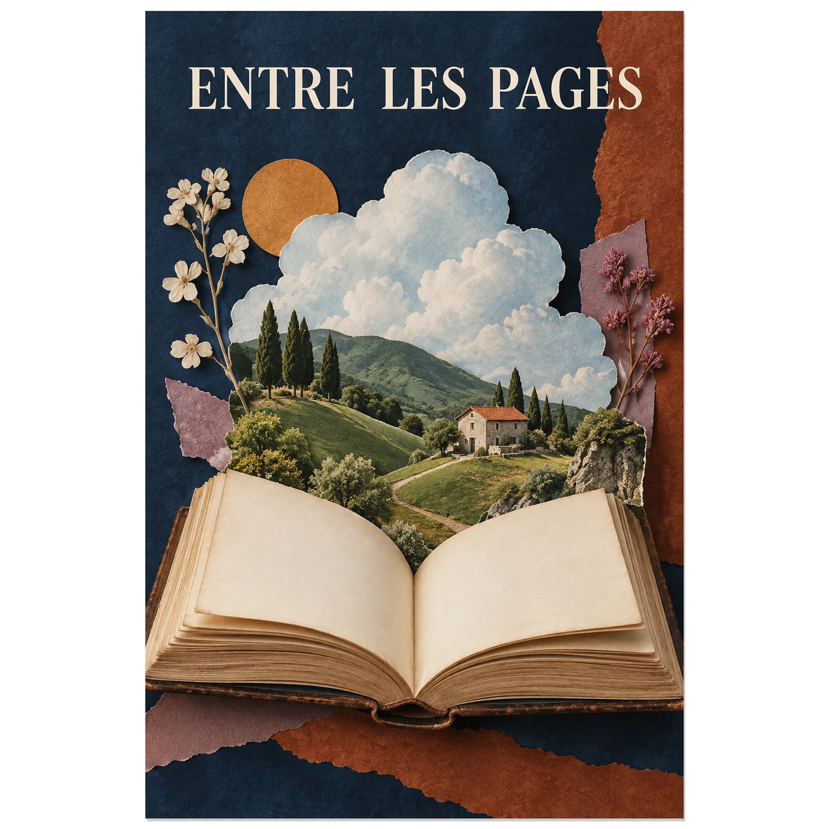 Affiche Collage livre - Entre les pages, collage photographique / papier déchiré / photomontage poétique verticale, format 30 × 45 cm
