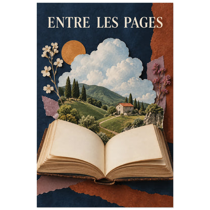 Affiche Collage livre - Entre les pages, collage photographique / papier déchiré / photomontage poétique verticale, format 30 × 45 cm