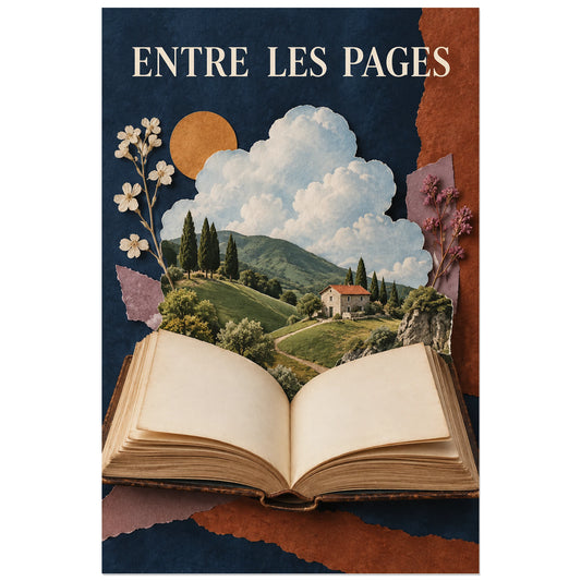 Affiche Collage livre - Entre les pages, collage photographique / papier déchiré / photomontage poétique verticale, format 30 × 45 cm