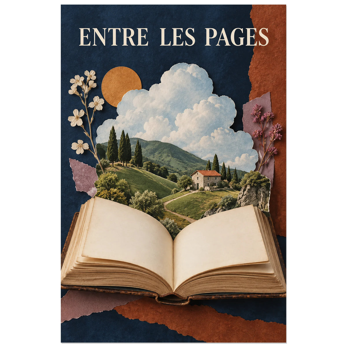 Affiche Collage livre - Entre les pages, collage photographique / papier déchiré / photomontage poétique verticale, format 60 × 90 cm