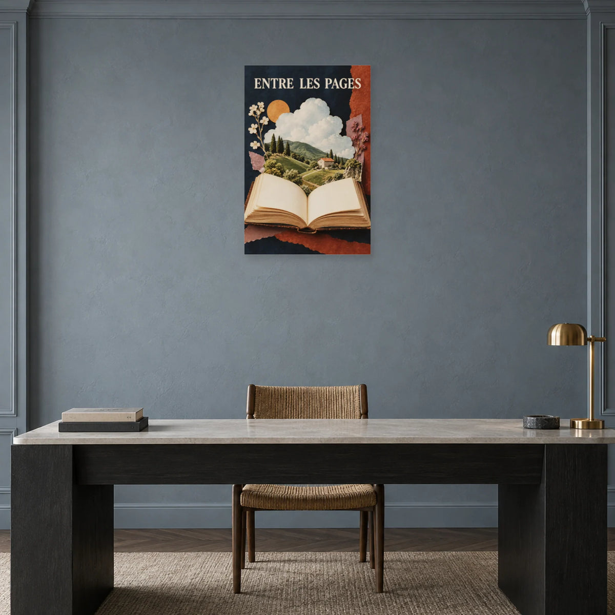 Affiche Collage livre - Entre les pages dans un bureau - Art Virtuoso