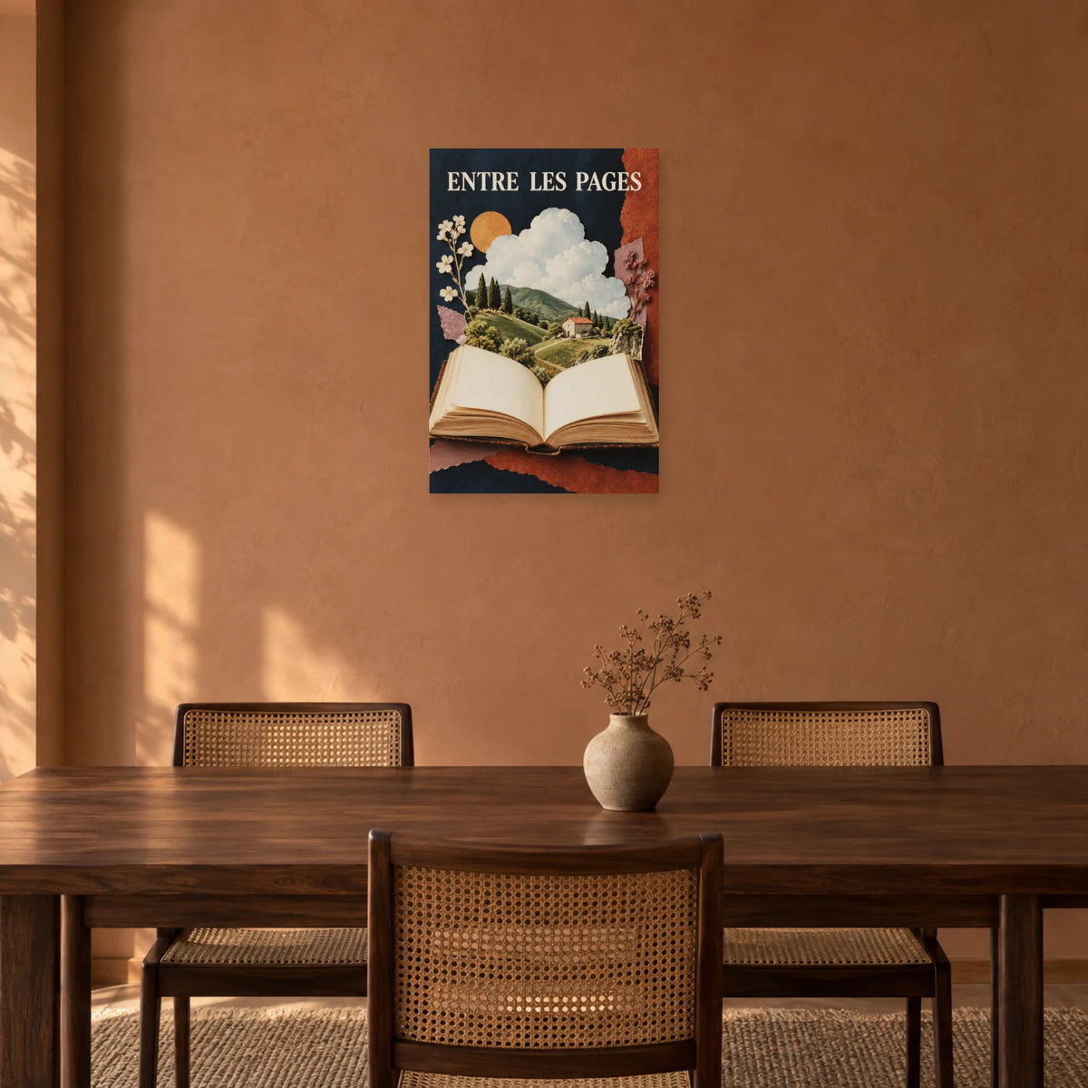 Affiche Collage livre - Entre les pages dans une salle à manger - Art Virtuoso