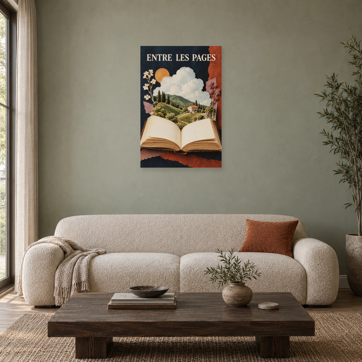 Affiche Collage livre - Entre les pages dans un salon - Art Virtuoso