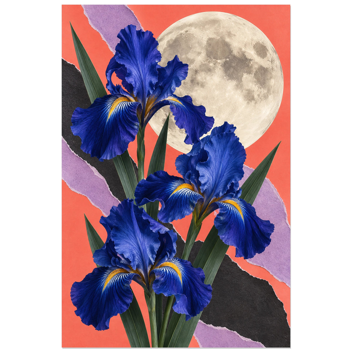 Affiche Collage lune et fleurs - Nuit composite, collage photographique / composition florale / photomontage poétique verticale, format 30 × 45 cm