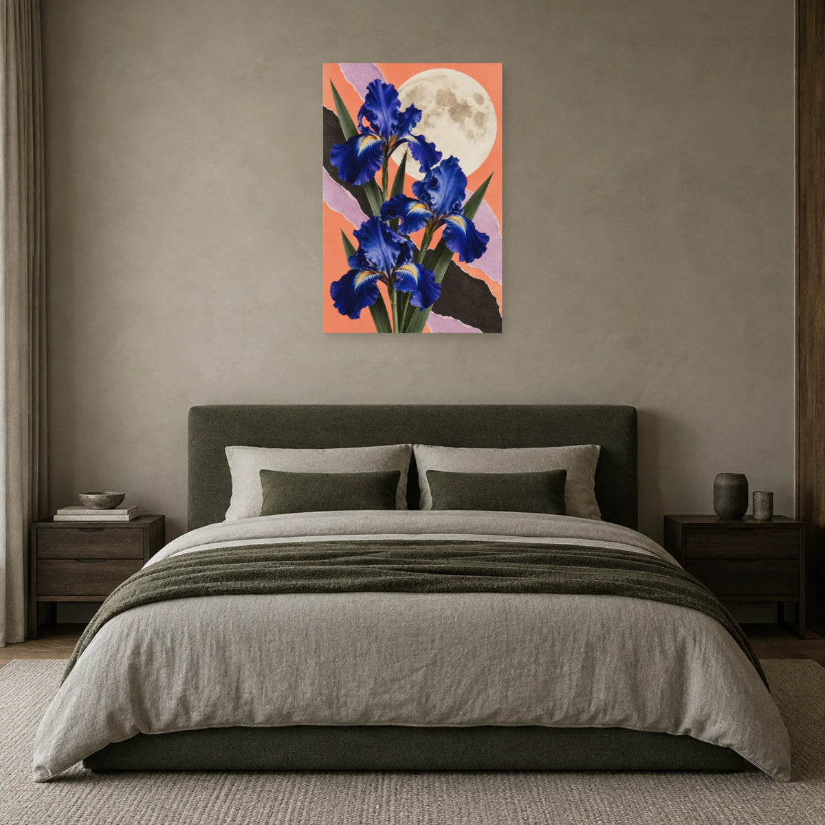 Affiche Collage lune et fleurs - Nuit composite dans une chambre - Art Virtuoso