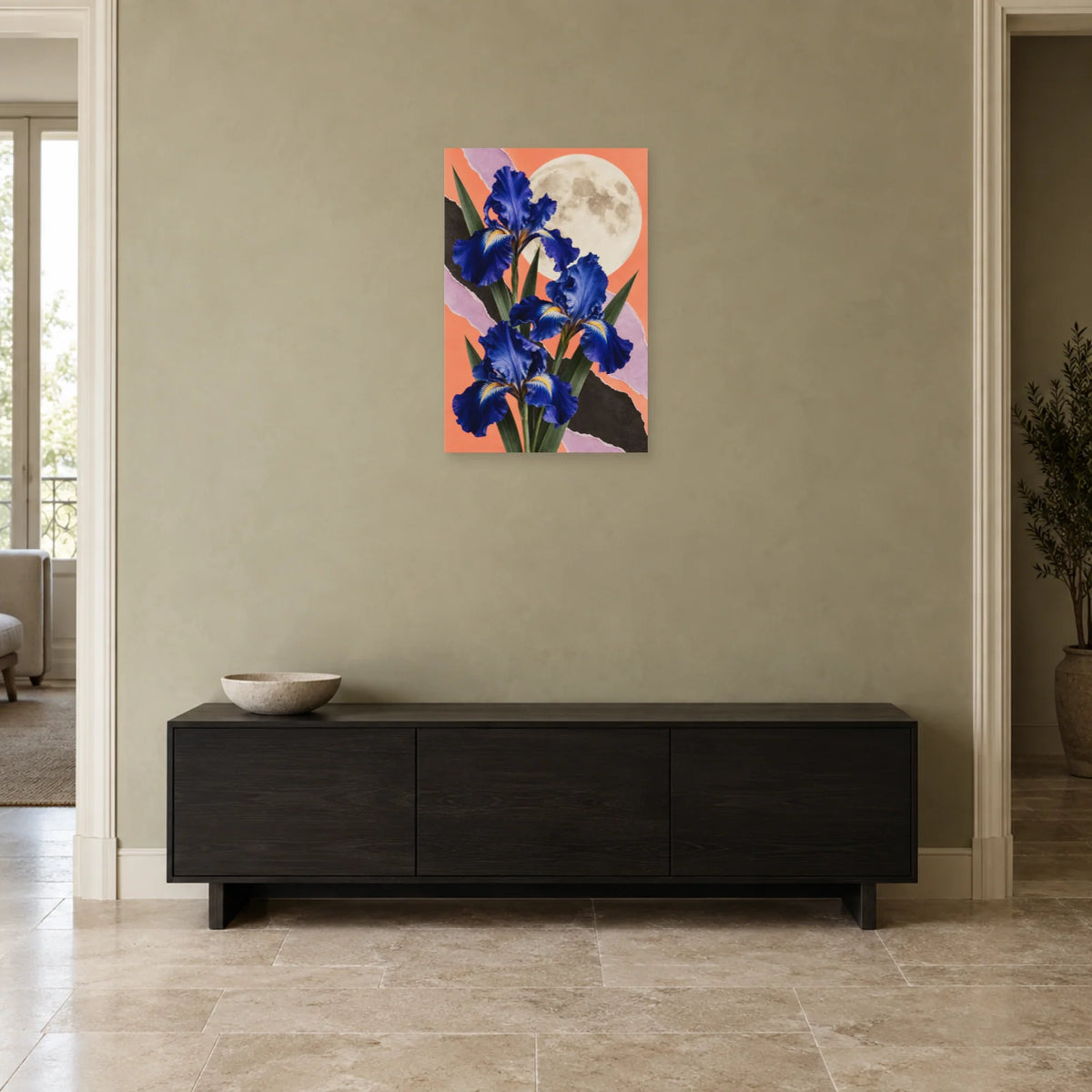 Affiche Collage lune et fleurs - Nuit composite dans une entrée ou un couloir - Art Virtuoso