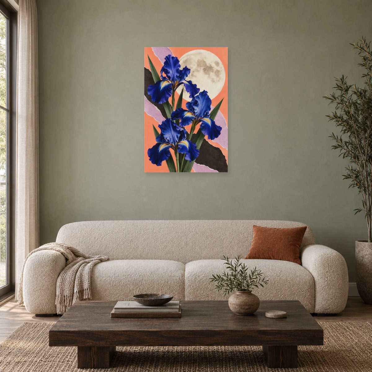 Affiche Collage lune et fleurs - Nuit composite dans un salon - Art Virtuoso