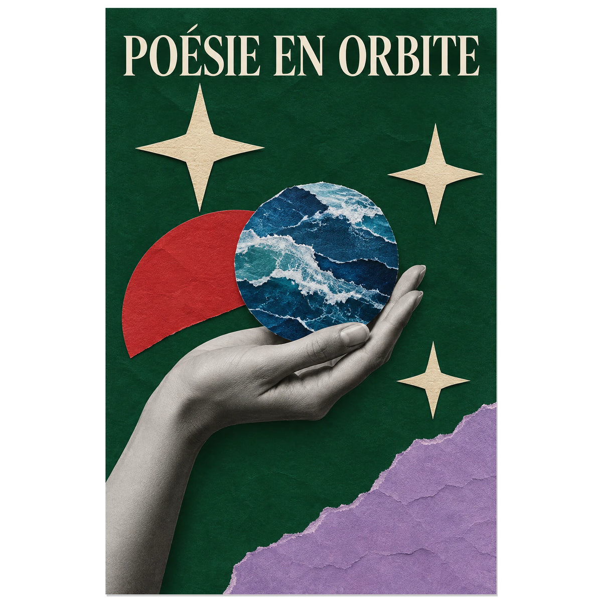 Affiche Collage main - Poésie en orbite, collage photographique / papier découpé / photomontage poétique verticale, format 30 × 45 cm
