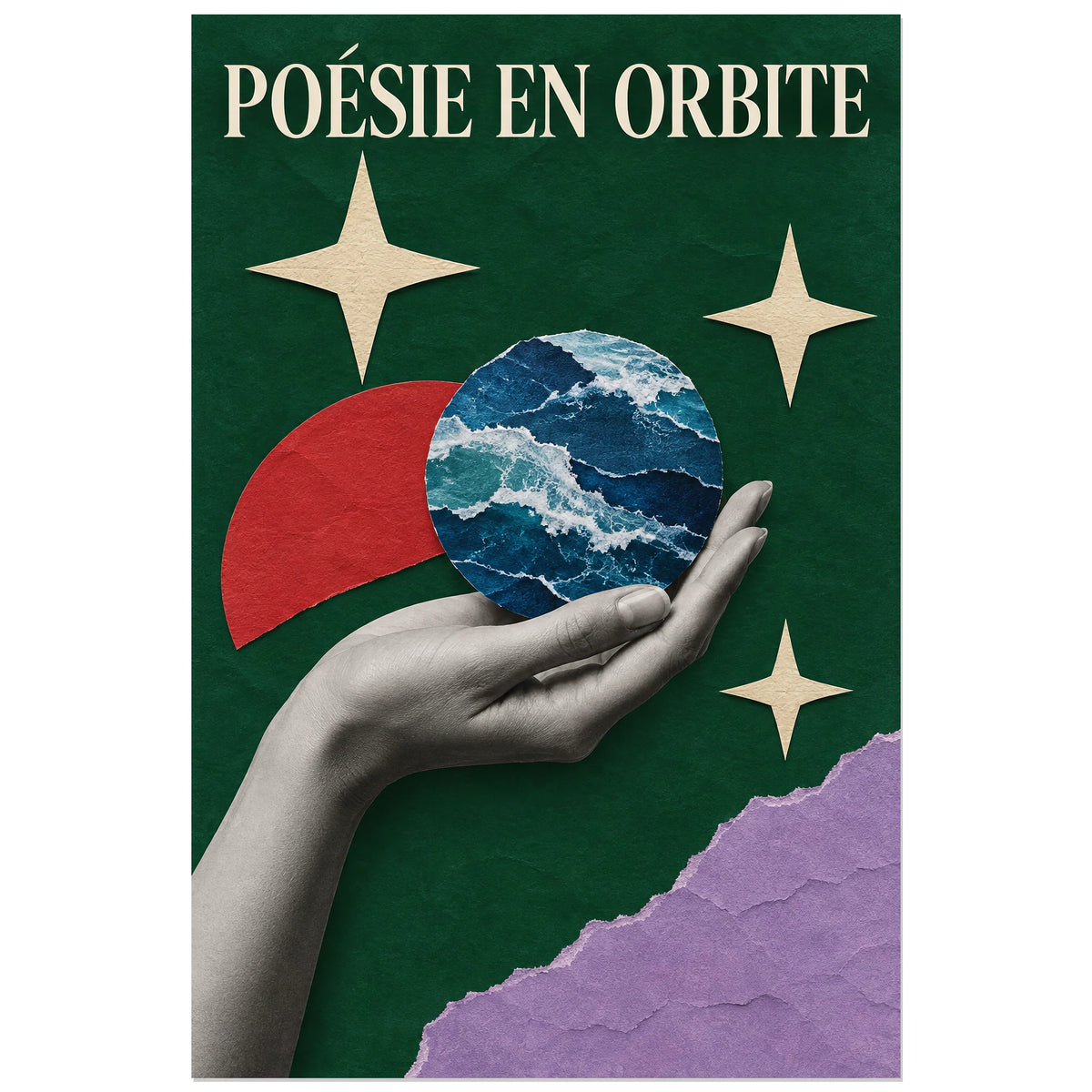 Affiche Collage main - Poésie en orbite, collage photographique / papier découpé / photomontage poétique verticale, format 60 × 90 cm