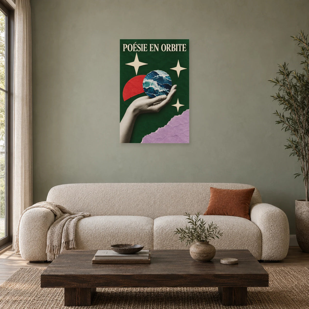 Affiche Collage main - Poésie en orbite dans un salon - Art Virtuoso