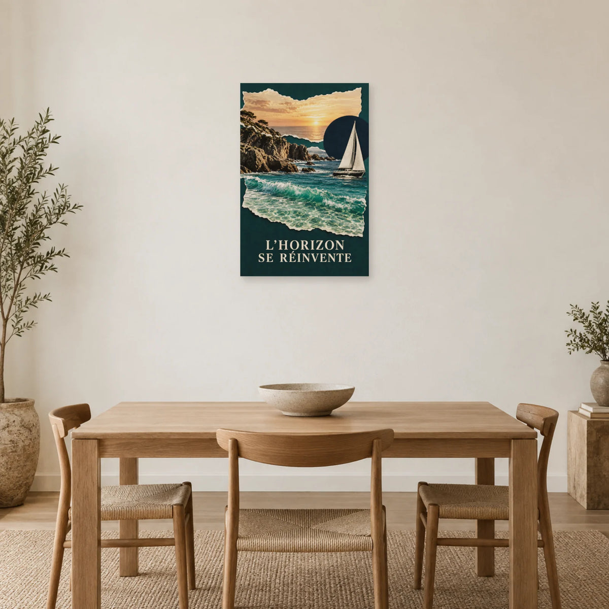 Affiche Collage mer - Horizons déchirés dans une salle à manger - Art Virtuoso